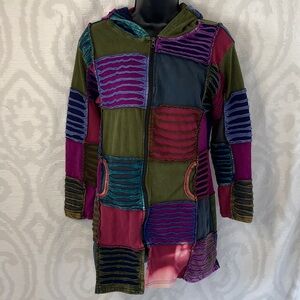 Patchwork Hooded Utility Jacket in Olive, Magenta & Teal